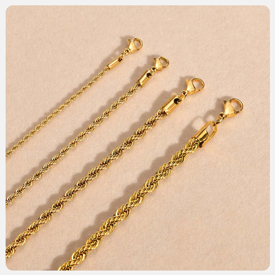 Dainty Gold Color Rope Chain Necklaces for Women Men,Chic Twisted Collar, Waterproof Stainless Steel Link 2/3/4/5mm Width | MONMONSHOP
