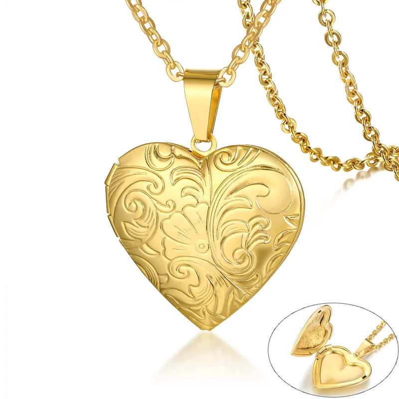 Monogram Floral Oval Heart Locket Pendant Necklaces for Women Men, Stainless Steel Photo Frame Promise Love Keepsake Collar | MMS