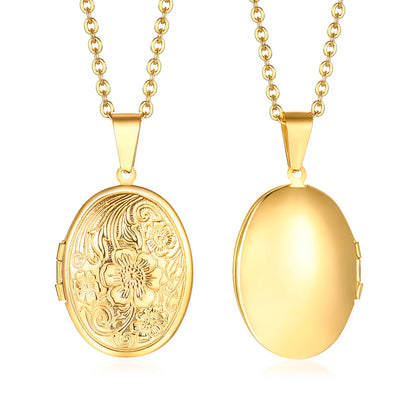 Monogram Floral Oval Heart Locket Pendant Necklaces for Women Men, Stainless Steel Photo Frame Promise Love Keepsake Collar | MMS