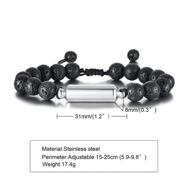 New Men's Casual Lava Stone Beads Urn Bracelets for Ashes, Hollow Tube Cremation Keepsake Memorial Jewelry,Length Adjustable | MMS