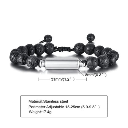 New Men's Casual Lava Stone Beads Urn Bracelets for Ashes, Hollow Tube Cremation Keepsake Memorial Jewelry,Length Adjustable | MMS
