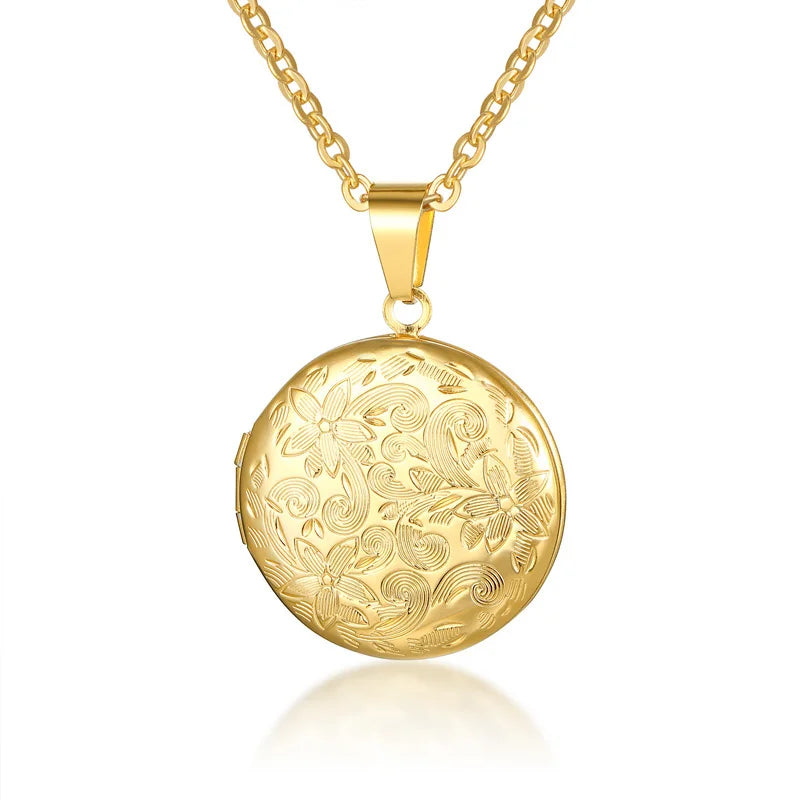 Monogram Floral Oval Heart Locket Pendant Necklaces for Women Men, Stainless Steel Photo Frame Promise Love Keepsake Collar | MMS