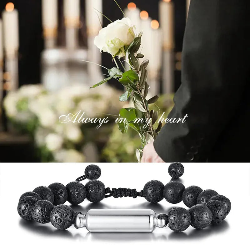 New Men's Casual Lava Stone Beads Urn Bracelets for Ashes, Hollow Tube Cremation Keepsake Memorial Jewelry,Length Adjustable | MMS