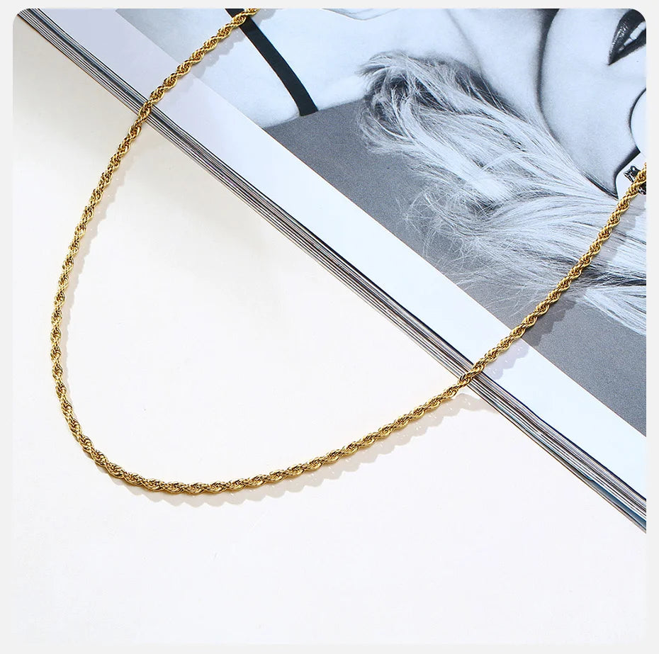 Dainty Gold Color Rope Chain Necklaces for Women Men,Chic Twisted Collar, Waterproof Stainless Steel Link 2/3/4/5mm Width | MONMONSHOP