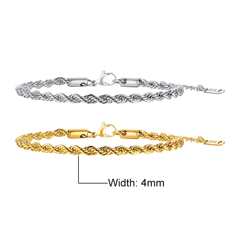 Unisex Rope Chain Bracelets for Men Women, Stainless Steel Twisted Links Chain Bracelet,Simple Classic Jewelry Gift for Him | MONMONSHOP