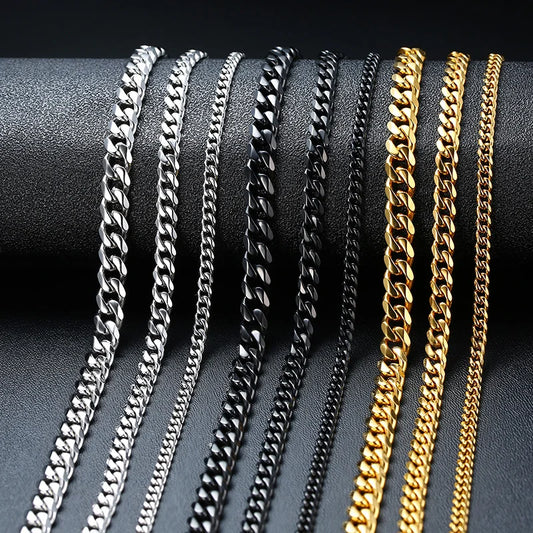MMS Cuban Chain Necklace for Men Women,Basic Punk Stainless Steel Curb Link Chain Chokers,Vintage Gold Color Solid Metal Collar