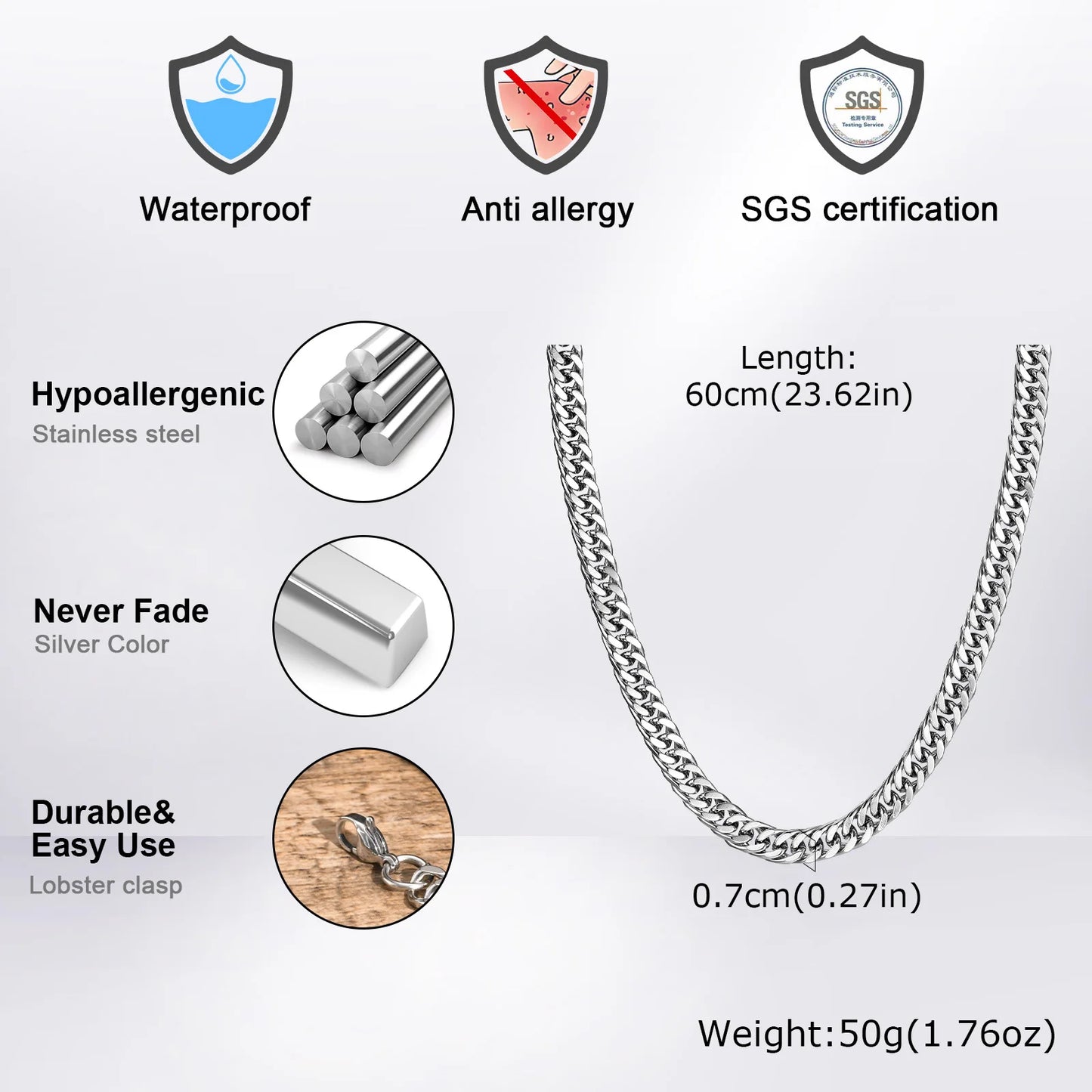 MMS 3/5/7/9mm Thick Cuban Chain Necklaces for Men Women,Simple Miami Curb Links Collar,Waterproof Stainless Steel Unisex Chain