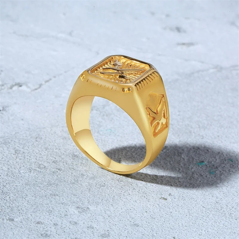 Bald Eagle Signet Ring , Gold Plated Bird Stamp, Bird Rings Stainless Steel | MONMONSHOP