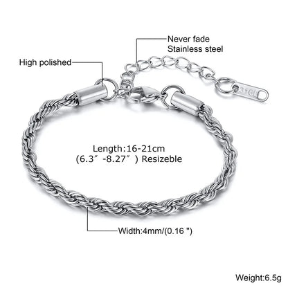 Unisex Rope Chain Bracelets for Men Women, Stainless Steel Twisted Links Chain Bracelet,Simple Classic Jewelry Gift for Him | MONMONSHOP