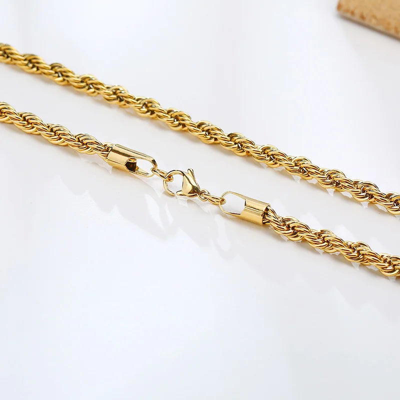 Dainty Gold Color Rope Chain Necklaces for Women Men,Chic Twisted Collar, Waterproof Stainless Steel Link 2/3/4/5mm Width | MONMONSHOP