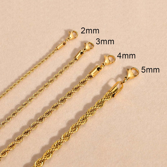 Dainty Gold Color Rope Chain Necklaces for Women Men,Chic Twisted Collar, Waterproof Stainless Steel Link 2/3/4/5mm Width | MONMONSHOP - monmonshop.com