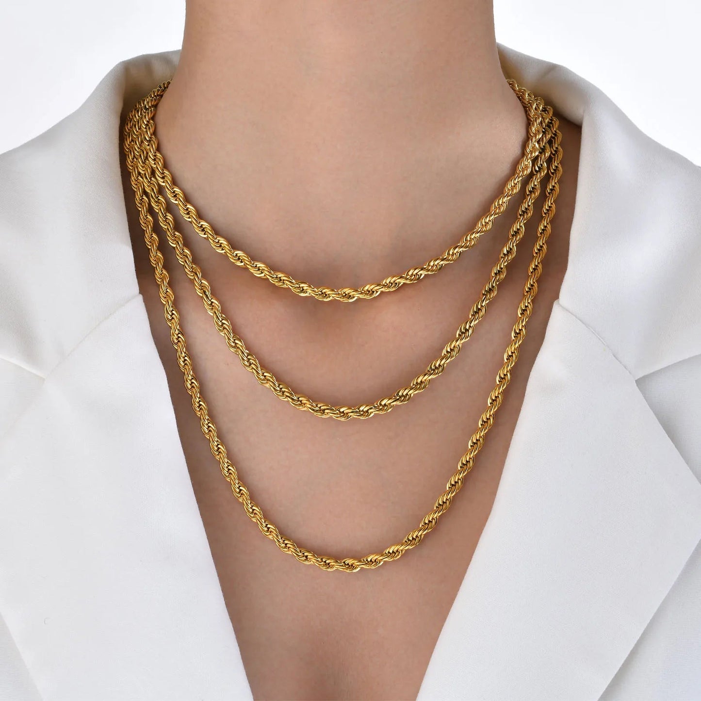 Dainty Gold Color Rope Chain Necklaces for Women Men,Chic Twisted Collar, Waterproof Stainless Steel Link 2/3/4/5mm Width | MONMONSHOP - monmonshop.com