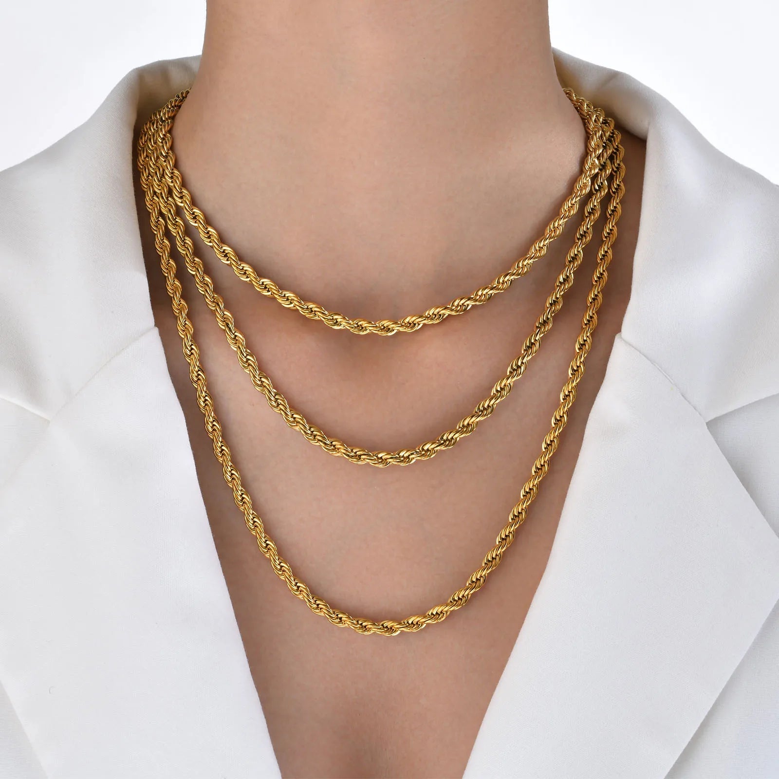 Dainty Gold Color Rope Chain Necklaces for Women Men,Chic Twisted Collar, Waterproof Stainless Steel Link 2/3/4/5mm Width | MONMONSHOP - monmonshop.com