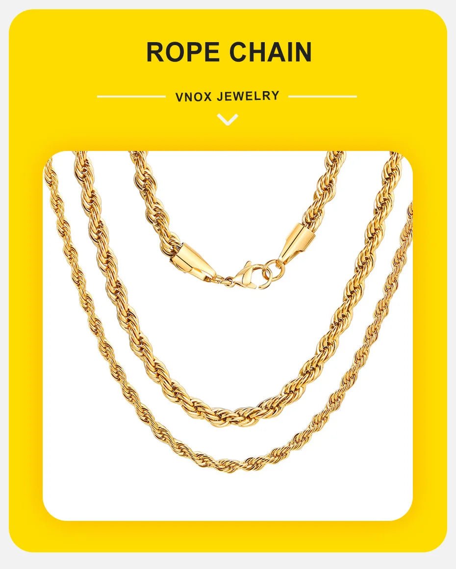 Dainty Gold Color Rope Chain Necklaces for Women Men,Chic Twisted Collar, Waterproof Stainless Steel Link 2/3/4/5mm Width | MONMONSHOP - monmonshop.com