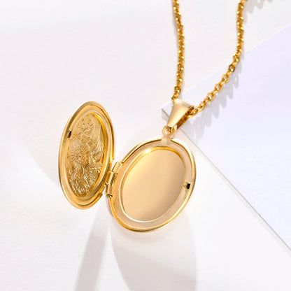 Monogram Floral Oval Heart Locket Pendant Necklaces for Women Men, Stainless Steel Photo Frame Promise Love Keepsake Collar | MMS - monmonshop.com