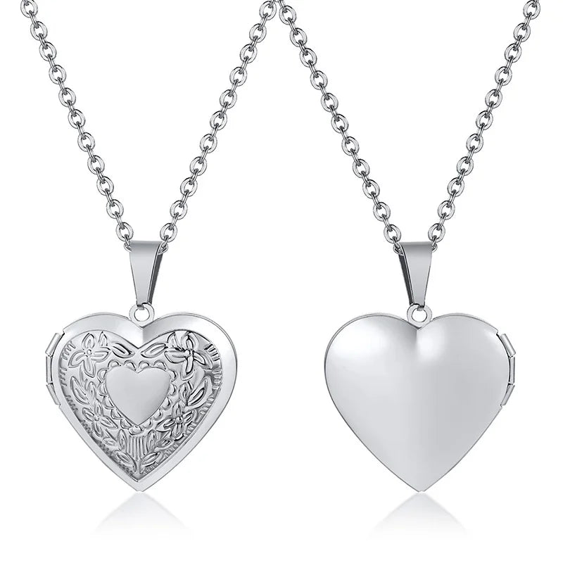 Monogram Floral Oval Heart Locket Pendant Necklaces for Women Men, Stainless Steel Photo Frame Promise Love Keepsake Collar | MMS - monmonshop.com
