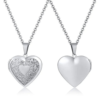 Monogram Floral Oval Heart Locket Pendant Necklaces for Women Men, Stainless Steel Photo Frame Promise Love Keepsake Collar | MMS - monmonshop.com