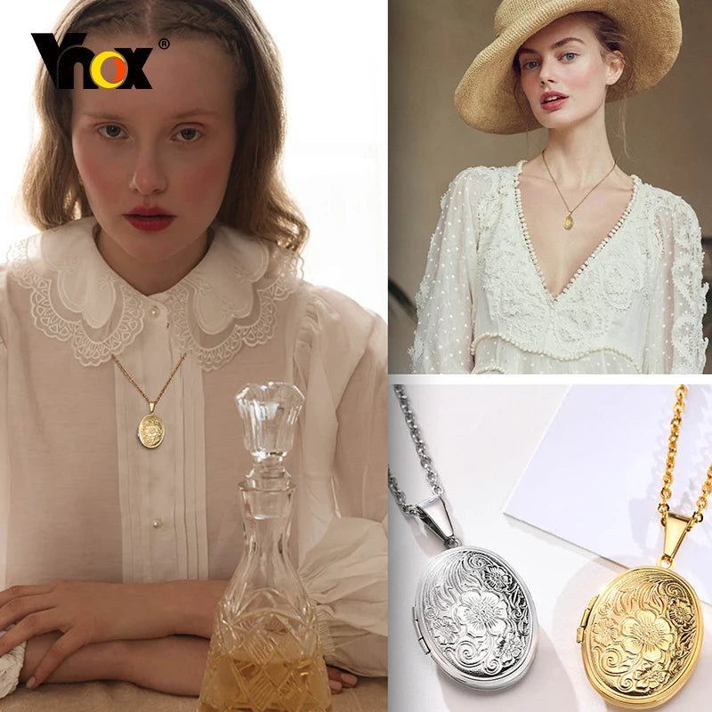 Monogram Floral Oval Heart Locket Pendant Necklaces for Women Men, Stainless Steel Photo Frame Promise Love Keepsake Collar | MMS - monmonshop.com