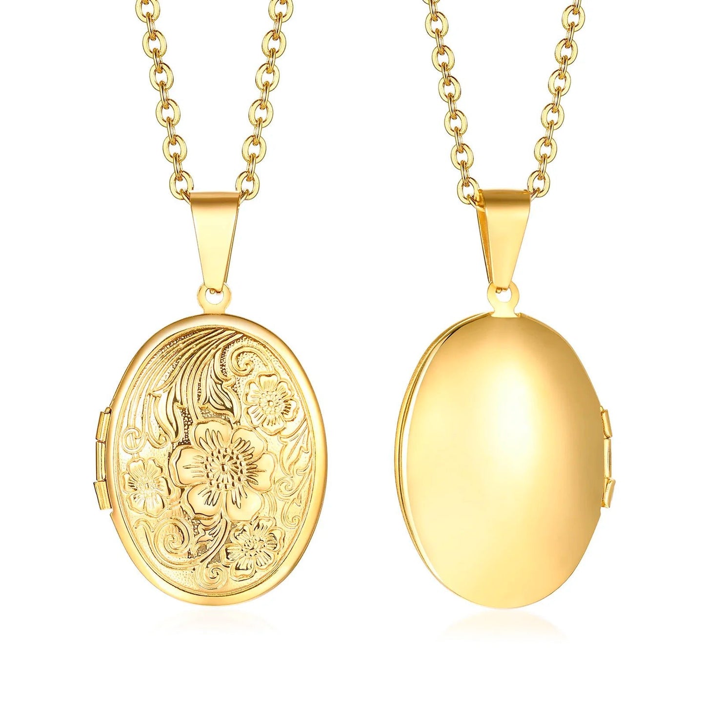 Monogram Floral Oval Heart Locket Pendant Necklaces for Women Men, Stainless Steel Photo Frame Promise Love Keepsake Collar | MMS - monmonshop.com