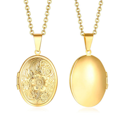 Monogram Floral Oval Heart Locket Pendant Necklaces for Women Men, Stainless Steel Photo Frame Promise Love Keepsake Collar | MMS - monmonshop.com