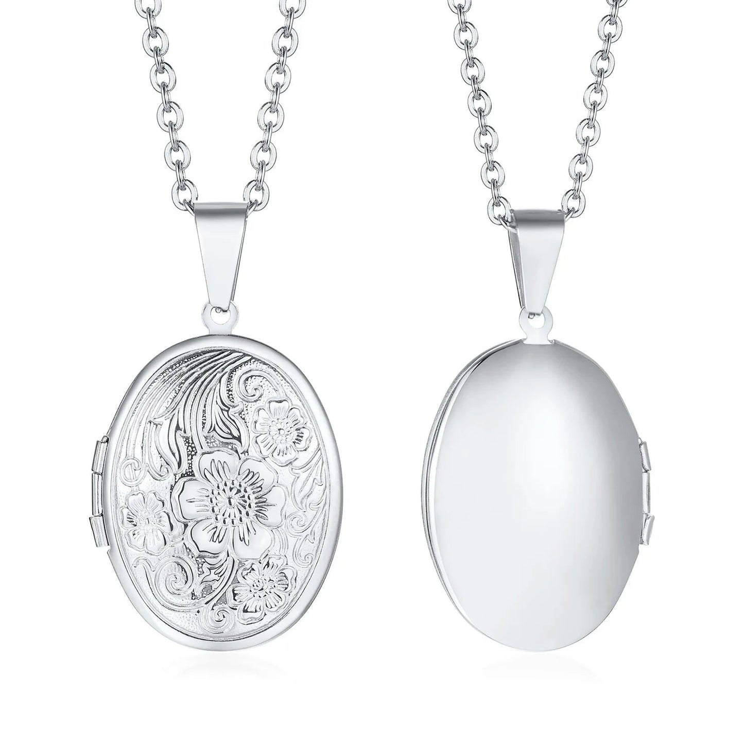 Monogram Floral Oval Heart Locket Pendant Necklaces for Women Men, Stainless Steel Photo Frame Promise Love Keepsake Collar | MMS - monmonshop.com