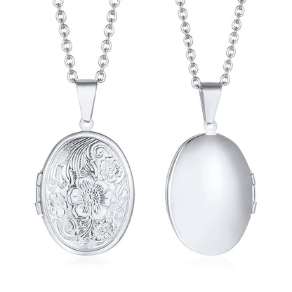 Monogram Floral Oval Heart Locket Pendant Necklaces for Women Men, Stainless Steel Photo Frame Promise Love Keepsake Collar | MMS - monmonshop.com