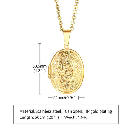 Monogram Floral Oval Heart Locket Pendant Necklaces for Women Men, Stainless Steel Photo Frame Promise Love Keepsake Collar | MMS - monmonshop.com
