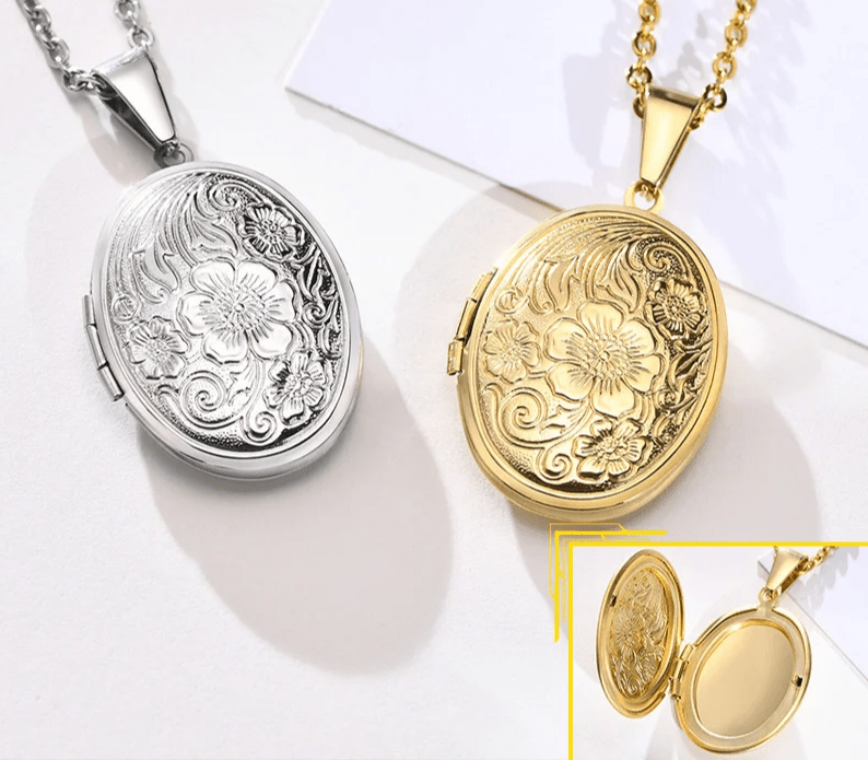 Monogram Floral Oval Heart Locket Pendant Necklaces for Women Men, Stainless Steel Photo Frame Promise Love Keepsake Collar | MMS - monmonshop.com