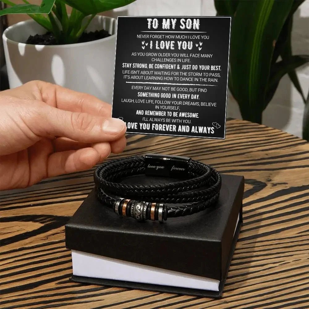 To My Son Stainless steel multi - layer woven bracelet men's titanium steel fashionable leather bracelet engraved gift | MMS - monmonshop.com