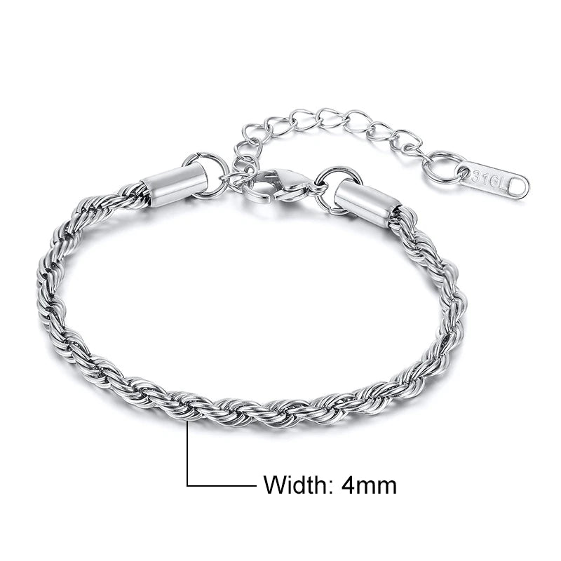 Unisex Rope Chain Bracelets for Men Women, Stainless Steel Twisted Links Chain Bracelet,Simple Classic Jewelry Gift for Him | MONMONSHOP - monmonshop.com
