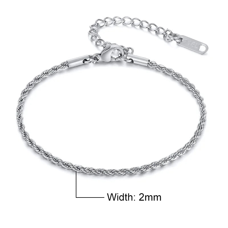 Unisex Rope Chain Bracelets for Men Women, Stainless Steel Twisted Links Chain Bracelet,Simple Classic Jewelry Gift for Him | MONMONSHOP - monmonshop.com