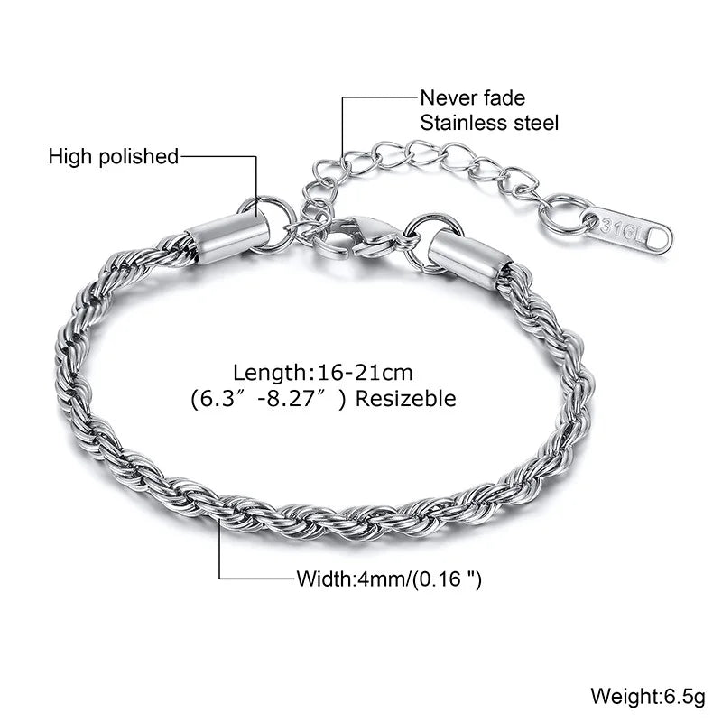 Unisex Rope Chain Bracelets for Men Women, Stainless Steel Twisted Links Chain Bracelet,Simple Classic Jewelry Gift for Him | MONMONSHOP - monmonshop.com