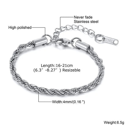 Unisex Rope Chain Bracelets for Men Women, Stainless Steel Twisted Links Chain Bracelet,Simple Classic Jewelry Gift for Him | MONMONSHOP - monmonshop.com