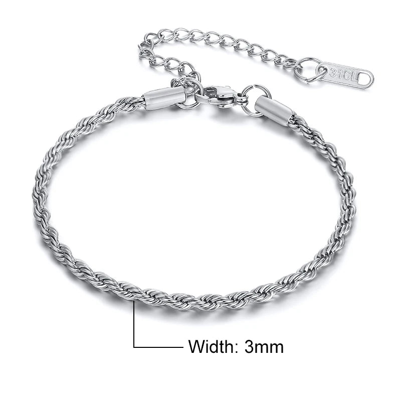 Unisex Rope Chain Bracelets for Men Women, Stainless Steel Twisted Links Chain Bracelet,Simple Classic Jewelry Gift for Him | MONMONSHOP - monmonshop.com