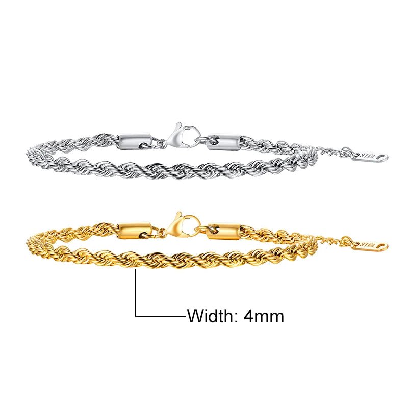 Unisex Rope Chain Bracelets for Men Women, Stainless Steel Twisted Links Chain Bracelet,Simple Classic Jewelry Gift for Him | MONMONSHOP - monmonshop.com